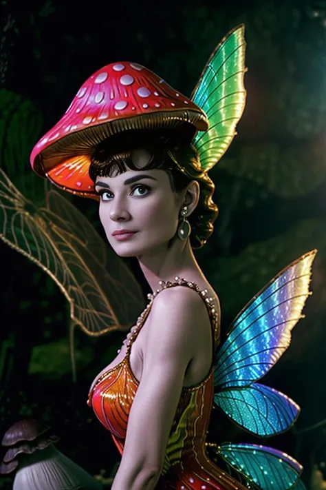<lyco:GoodHands-beta2:1.0><lora:PerfectFullBreasts-fCV3.5:1.0> masterpiece, best quality, professional photoshoot, a stunningly beautiful woman, nice hands, perfect hands, immaculate skin, shiny skin, contrapposto, ((giant mushrooms)) leisurely stroll, closed mouth, feathers, rainbow (fairy wings costume:1.3), hourglass figure, large breasts, perfect skin, facing viewer, fcPortrait, extremely detailed, highly detailed, intricate details,  <lora:666:1> drugs, psychobilic, shrooms, hallucination, (various giant neon bioluminescent mushrooms:1.2), bioluminescence, colorful, glowing, slime, (((close up headshot))), starry night, wood, moss, glitter