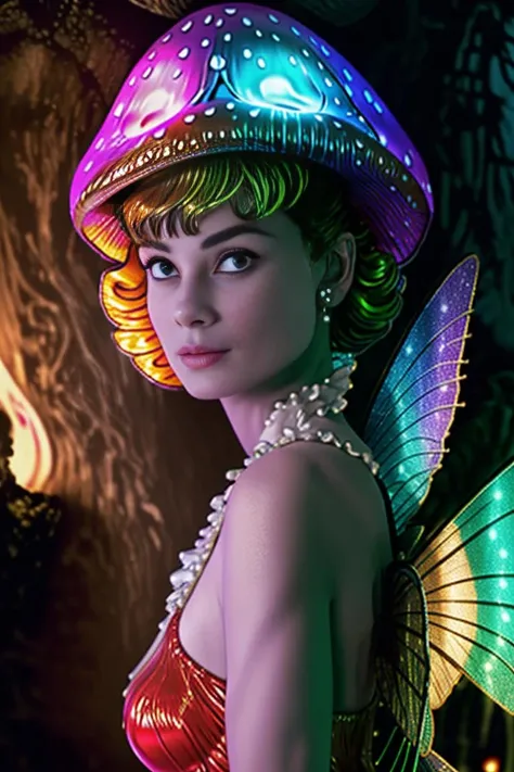 <lyco:GoodHands-beta2:1.0><lora:PerfectFullBreasts-fCV3.5:1.0> masterpiece, best quality, professional photoshoot, a stunningly beautiful woman, nice hands, perfect hands, immaculate skin, shiny skin, contrapposto, ((giant mushrooms)) leisurely stroll, closed mouth, feathers, rainbow (fairy wings costume:1.3), hourglass figure, large breasts, perfect skin, facing viewer, fcPortrait, extremely detailed, highly detailed, intricate details, <lora:666:1> drugs, psychobilic, shrooms, hallucination, (various giant neon bioluminescent mushrooms:1.2), bioluminescence, colorful, glowing, slime, (((close up headshot))), starry night, wood, moss, glitter