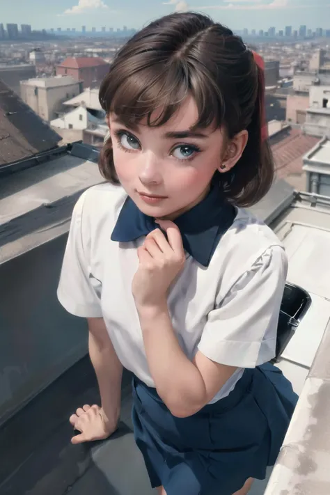 (masterpiece, top quality, best quality, beautiful and aesthetic:1.2), 1girl, solo,  extremely detailed, highest detailed, brown hair,white shirt, blue skirt, blue sky, roma city, roman holiday,shiny skin, 
looking at viewer,Audrey Hepburn, , walking, hepburn hairstyle,  <lora:add_detail:0.3> <lora:666:0.6> standing rooftop, from above,