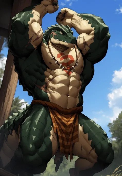 zenberu gugu, scalie, solo, loincloth, male, reptile, muscular male, overlord (series), anthro, muscular, clothing, muscular anthro, bottomwear, scales, tribal, pecs, outside, abs, claws, , hi res, sky, clothed,  scar, biceps, blue sky, crocodilian, stripes, light, low-angle view, markings, day, multicolored scales, front view, digital media (artwork), standing, striped scales, cloud, scar, raised arm, big muscles, spikes, detailed background, two tone scales,
<lora:zenberu_gugu:1>, nj5furry, <lora:nj5furry-v1:0.8>