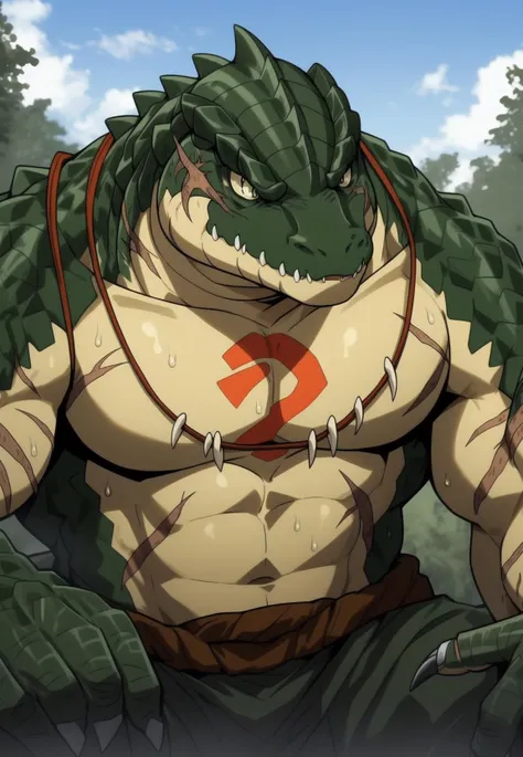 nj5furry, sweat drops, zenberu gugu, scalie, reptile, scar, anthro, crocodilian, male, solo, green body, scales, hi res, crocodylid, clothing, facial scar, muscular, green scales, teeth,
zenberu gugu, <lora:zenberu_gugu:1> <lora:nj5furry-v2:0.8>