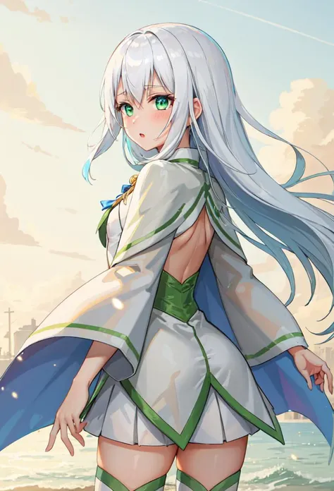 ((masterpiece, best quality)), 1girl, from behind
a'milia, white hair, long hair, green eyes, flat chest, hair ornament, dress, thighhighs, long sleeves, wide sleeves, cape <lyco:aMiliaZektbach:0.6>
