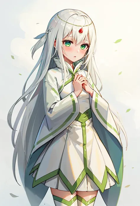 ((masterpiece, best quality)), 1girl, a'milia, white hair, long hair, green eyes, hair ornament, dress, thighhighs, long sleeves <lyco:aMiliaZektbach:0.65>