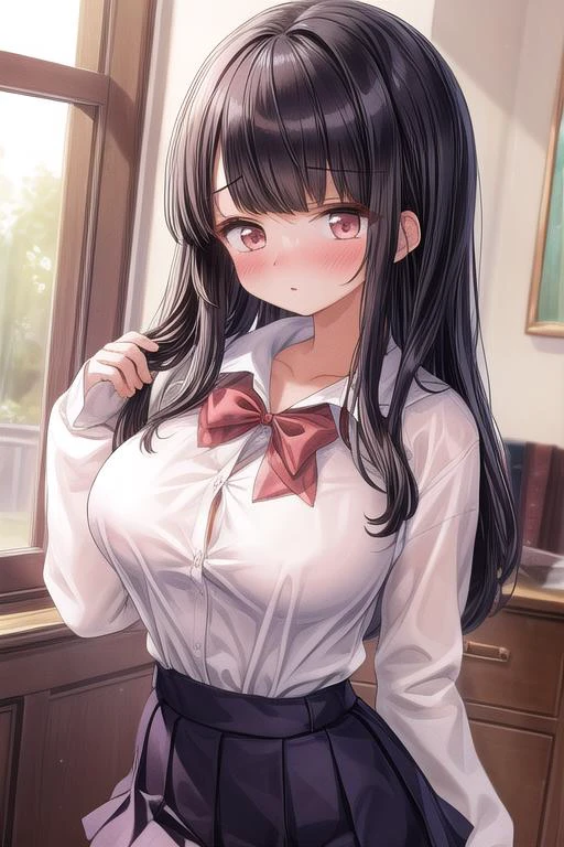 ultra-detailed,masterpiece,best quality,girl,large breasts,white blouse,sweats,navy plits,miniskirt,black longhair,blush,parted bangs<lora:kaisen_chuui:0.8> <lora:add_detail:1>upper body