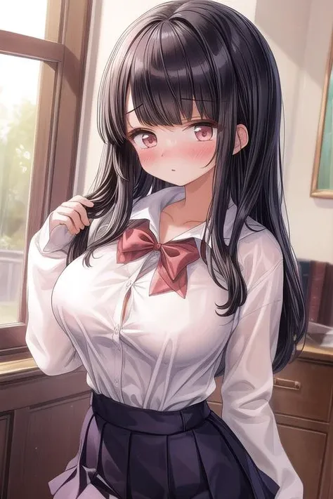 ultra-detailed,masterpiece,best quality,girl,large breasts,white blouse,sweats,navy plits,miniskirt,black longhair,blush,parted bangs<lora:kaisen_chuui:0.8> <lora:add_detail:1>upper body