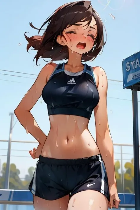 <lora:kaisen_chuui:1>sports bra, shorts, midriff, track and field, sweat, wet clothes, closed eyes, open mouth, standing, masterpiece, best quality