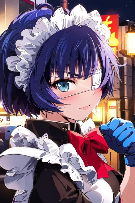 (masterpiece, best quality, detailed), 
close portrait, serious, adjusting gloves, night, outdoors, looking at viewer, from side, wide-eyed, glaring, close-up,
 <lora:RyomouShimeiV1:0.85>, ryomou shimei, medical eyepatch, maid, blue gloves, maid headdress, red bow, collar, clenched hand