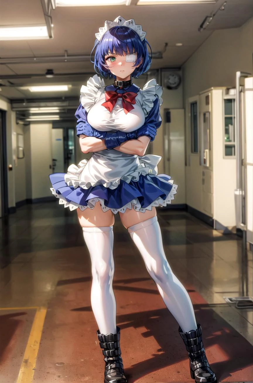 (masterpiece,best quality, detailed), 1girl, solo, indoors, looking at viewer, serious, dutch angle, legs apart, school, hallway, standing, full body, closed mouth, arms under breasts, crossed arms,
ryomou shimei, maid, medical eyepatch, maid headdress, maid apron, blue gloves, white thighhighs, red bowtie, blue dress, collar, boots, <lora:RyomouShimeiV2_1-000005:1>m <lora:more_details:0.5>