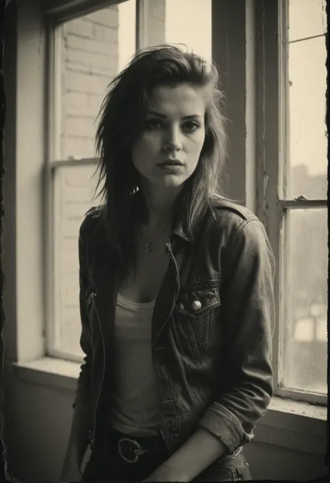 realism, epic world, brutal rocker chick near the window, faded film, desaturated old photo, award winner art, 35mm photo, grainy, vignette, (vintage), lomography, stained, highly detailed, found footage, highly detailed, volumetric, dramatic lighting <lora:detailed_hands:1> <lora:Old_Photo_XL_V1:0.2>