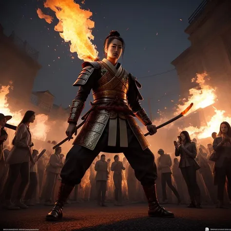 an flaming samurai in a graveyard full of people, center of attention, people taking pictures with their phones, <lora:centerofattention:1>, center of attention, perfect face, perfect body, perfect anatomy,
