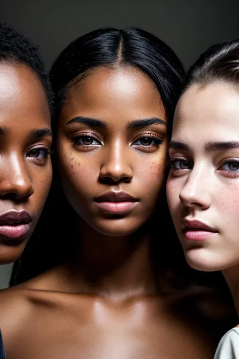 A stunning intricate full color portrait of young threesome (different skin colors) random ladyes, frontal view, atmospheric scene, masterpiece, best quality, (detailed beautiful face, detail skin texture, ultra-detailed body:1.1), sharp focus, natural lighting, subsurface scattering, film grain, <lora:popular:1>