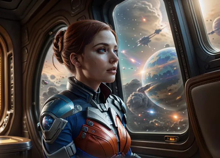 a woman sitting on a chair in front of a large window with a view of a fiery red and blue star, Eve Ryder, mass effect, concept art, space art, epic sci-fi artwork, looking out of the window <lora:epiCRealismHelper:1> <lora:SDXLrender_v1.0:0.6> <lora:popular:1>