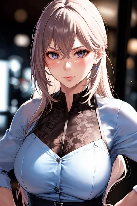 1girl, <lora:Bronya:0.6>, office lady,serious face,colorful theme, (best quality, high quality, high resolution), realistic, ultra-detailed, highly detailed face features, absurdres, realistic lighting and reflections, highly detailed face features, see through shirt, best photo,high quality illustration