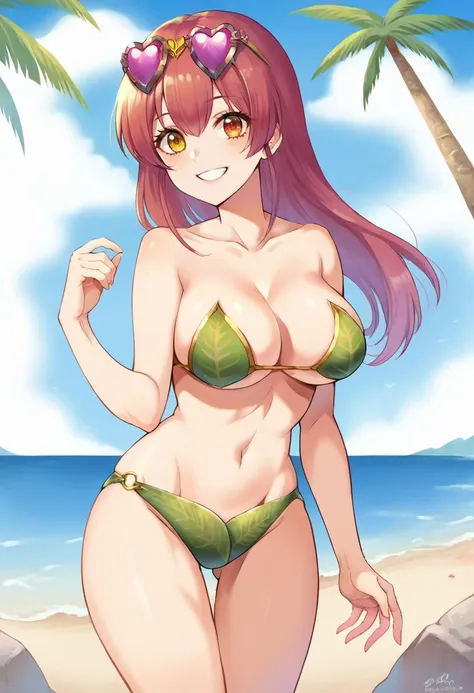 score_9, score_6_up, source_anime, 1girl, solo, marine_beach, heart-shaped eyewear, long hair, red eyes, yellow eyes, edgleafbikini, wearing edgleafbikini, collarbone, cowboy shot, beach, island, cove, rocks, palm trees, smile, (large breasts:0.6) <lora:houshou_marine_sdxl_pony:1>  <lora:edgLeafBikiniPonyv1:1>