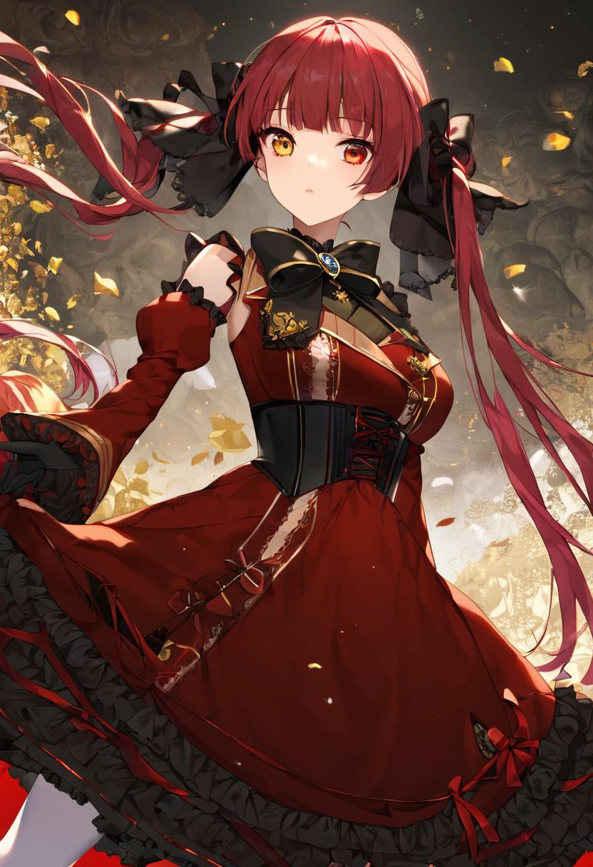 score_9, score_8_up, score_7_up, high resolution, masterpiece, high quality, best quality, highly detailed, rating questionable, detailed background, <lora:senchouXL:1> marine, hair ribbon, red ribbon, red eyes, yellow eyes, marine_gothic, twintails, long hair, red dress, frills, detached sleeves, black gloves, corset, black ribbon, black bowtie, white thighhighs, red eyes, yellow eyes
