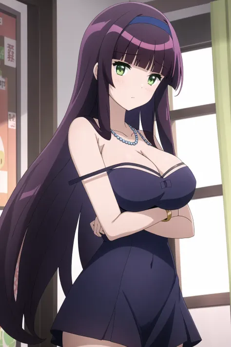 shizuno, anime art style, 1girl, solo, long_hair, breasts, bangs, large_breasts, dress, cleavage, bare_shoulders, jewelry, very_long_hair, closed_mouth, green_eyes, standing, purple_hair, sidelocks, hairband, indoors, blunt_bangs, necklace, bracelet, strapless, blue_dress, crossed_arms, black_hairband, strapless_dress, strap_slip, hime_cut