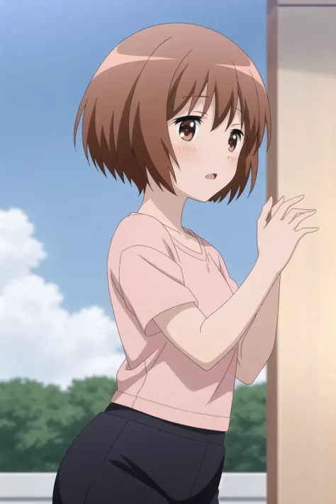 haruka, anime art style, 1girl, solo, looking_at_viewer, blush, short_hair, brown_hair, shirt, hair_ornament, brown_eyes, white_shirt, sky, day, hairclip, cloud, t-shirt