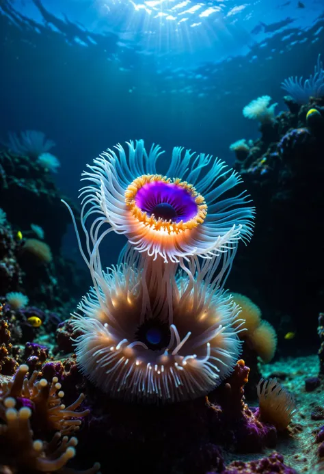 A deep sea photo of a sea anemone, waving in the current, with bioluminescent creatures swimming around