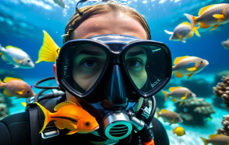 An extreme close up of a scuba diver's mask under water, surrounded by brightly colored fish swimming about