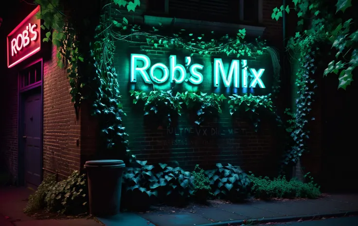 A neon sign that reads "Rob's Mix Ultimate" on an ivy covered brick wall in a dark and dimly lit street