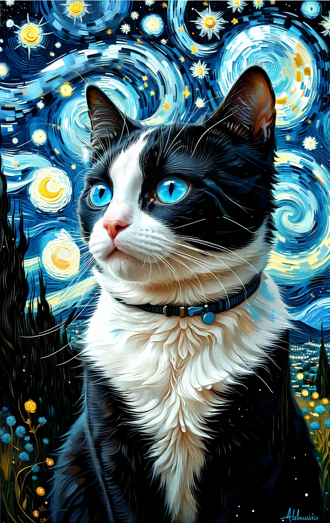 a black and white cat with blue eyes ,the background is van gogh's starry sky , a fine art painting, space art, trending on art station, alejandro burdisio