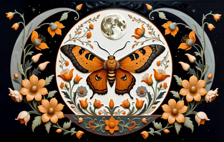 a moth sitting on a moon and flowers, in the style of symmetry and balance, dark amber and gray, daria petrilli, ephemeral patterns, witchy academia, cloisonnism, eleanor vere boyle