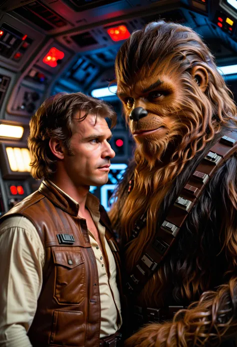 A close up 1980s style photo of han solo slow dancing face to face with chewbacca, making eye contact with one another. They are aboard the millennium falcon, with dim dark romantic lighting. Nearby control panels cast a warm glow over the scene