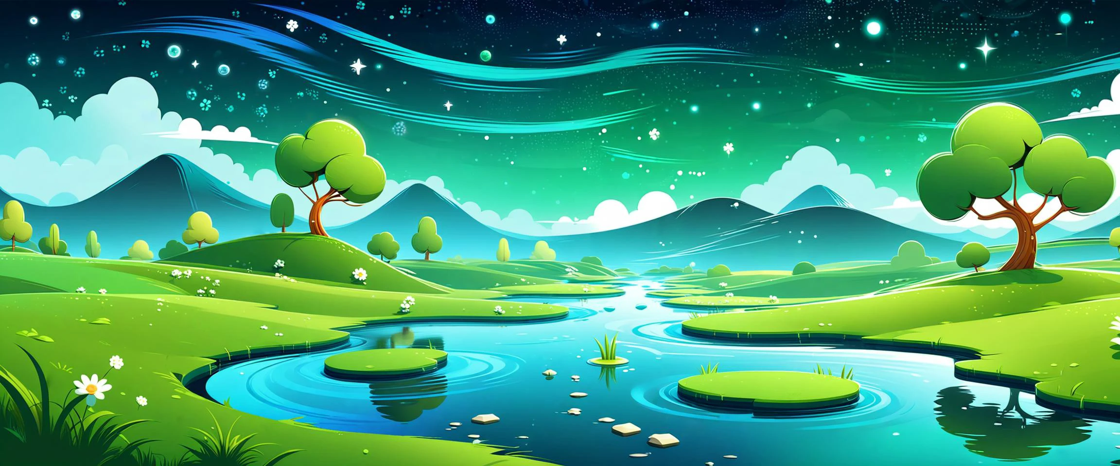 landscape with grass and water, in the style of playful cartoonish illustrations, graphic, stylized forms, xbox 360 graphics, the stars art group (xing xing), rectangular fields, soft and rounded forms, emphasis on character design