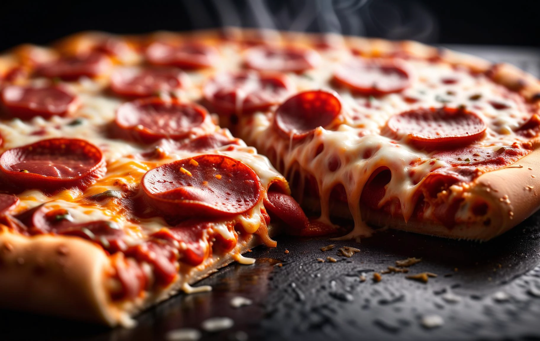An extreme macro close up detailed magazine quality food photograph of a delicious pepperoni pizza, showing the intricate detail of the cheese and pepperoni, fresh out of the oven, steam rising off of it, shot from the side, underexposed, contrasty