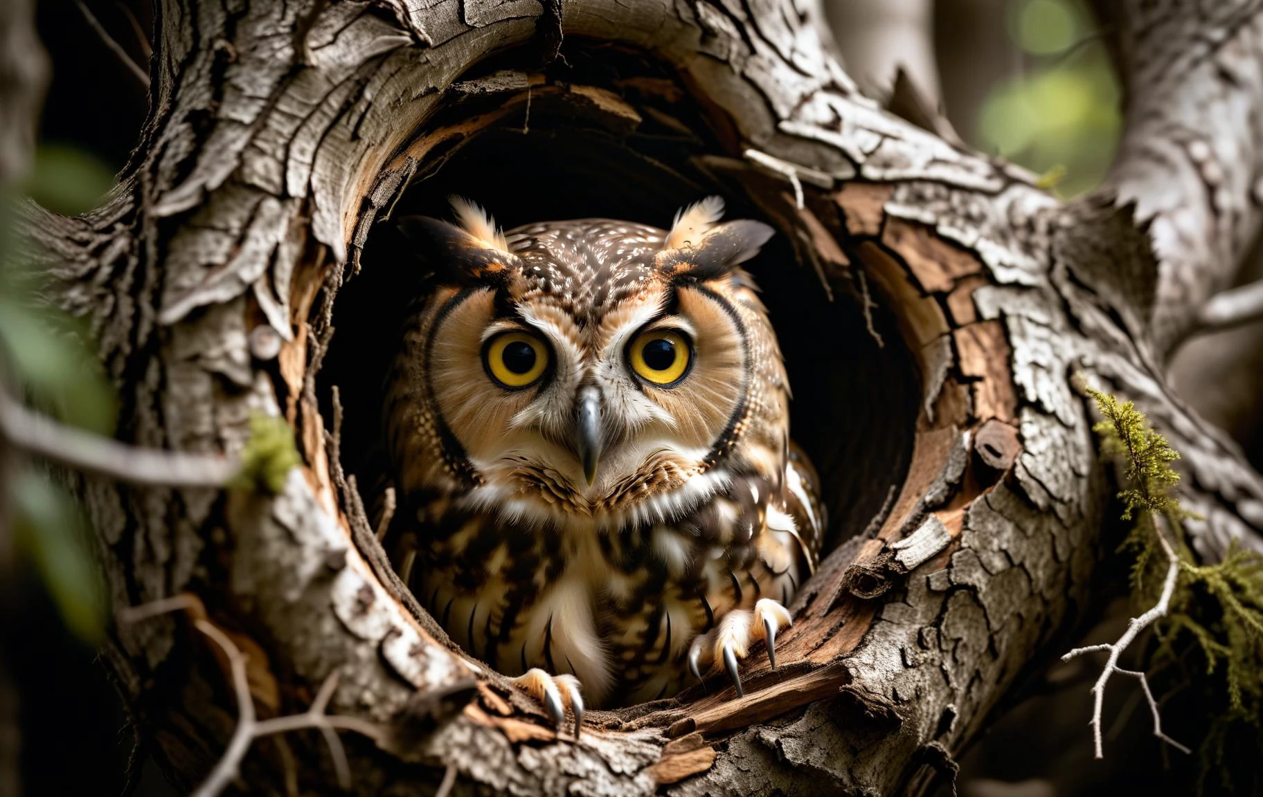 A close up national geographic nature photo of an owl in a hollowed out tree, dark and contrasty, highly detailed