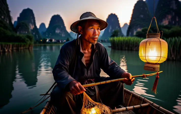 A national geographic photo of a chinese cormorant fisherman, a solitary lantern at the bow of his bamboo raft casting a warm glow on his nets, blue hour, in a karst landscape in yangshuo china, underexposed