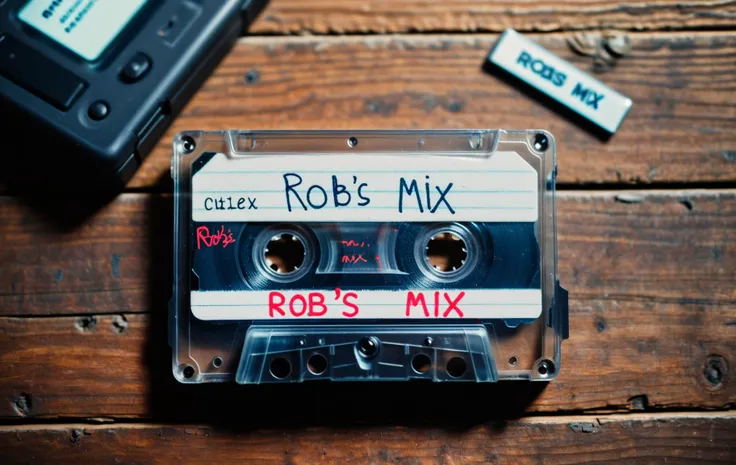 A close up photo of a cassette tape with the text "Rob's Mix". It is on a rustic wooden table.