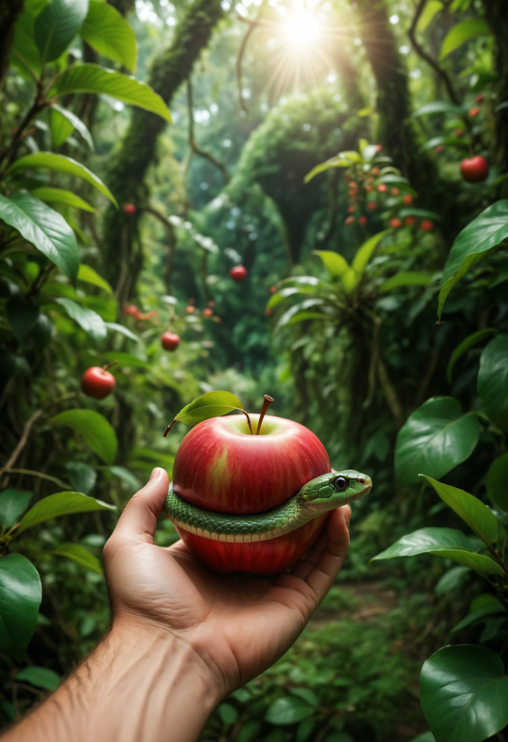 An extreme close up first person view holding a red apple in the palm of your hand, with a green snake looking at the apple, in a lush and beautiful jungle garden of eden filled completely with leafy plants, trees, and flowering bushes, shallow focus, centered composition