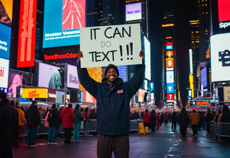 A man holding a sign that says "It can do text!" He is standing in the middle of Times Square at night.