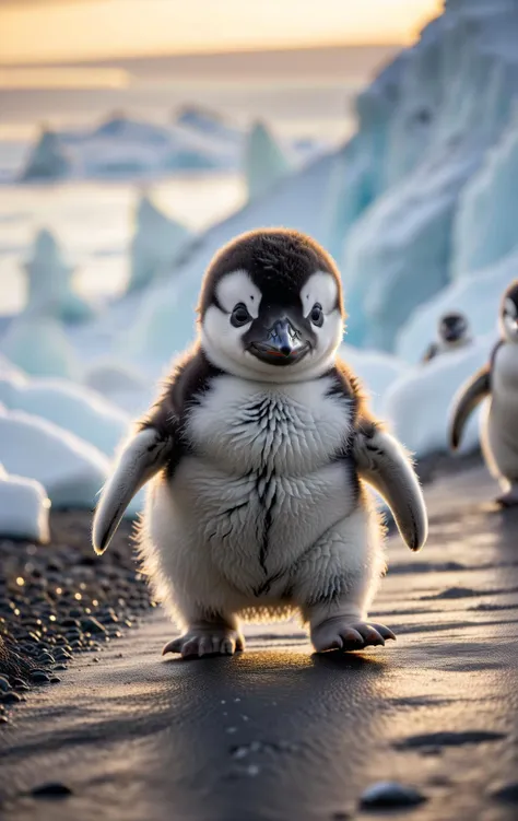 A close up national geographic photo of a fluffy baby penguin waddling through the antarctic