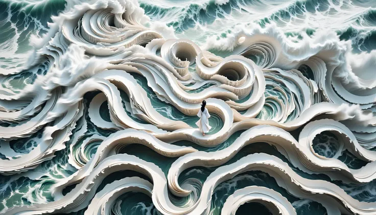 An abstract yet grandiose scene. Captured from an extremely high aerial perspective. Countless scrolls of white paper inscribed with ancient Chinese poetry and literature are endlessly stacked to resemble waves in the sea. A solitary lady, dressed in a white robe, walks alone amidst them