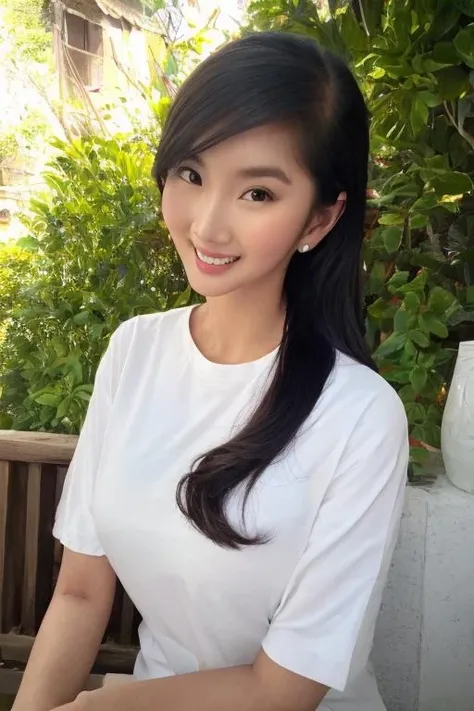 <lora:alodia_lora-000006:1>, alodia, (realistic, photo-realistic:1.37),best quality,masterpiece,unity,an extremely delicate and beautiful,extremely detailed,Amazing,finely detail,masterpiece,best quality,official art,absurdres,incredibly absurdres,huge filesize,ultra-detailed,highres,beautiful detailed girl, slim body, outdoor, nature, ((looking at viewer)), black hair, white tshirt, ((black eyes)), smile, (medium shot:1.5)