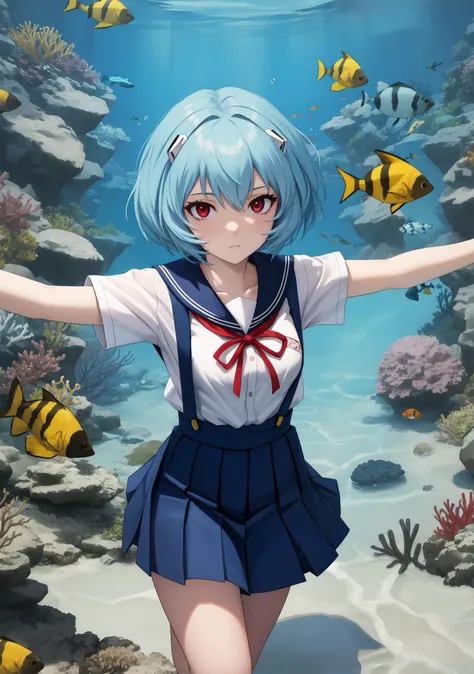 masterpiece, best quality, very aesthetic, ultra detailed, intricate details, 4k, anime style,
1girl, solo, blue hair, short hair, bangs, red eyes, eyelashes, breasts, small breasts, hair between eyes, expressionless, skirt, shirt, ribbon, school uniform, collarbone, white shirt, short sleeves, sailor collar, red ribbon, blue skirt, neck ribbon, suspenders, suspender skirt, pinafore dress, tokyo-3 middle school uniform, neon genesis evangelion, ayanami rei,
upper body, looking at viewer, spread arms, outstretched arms, swimningai, underwater, air bubble, bubble, swimming, freediving, sand, coral, coral reef, fish, bottom sand, <lora:Swimning:1>