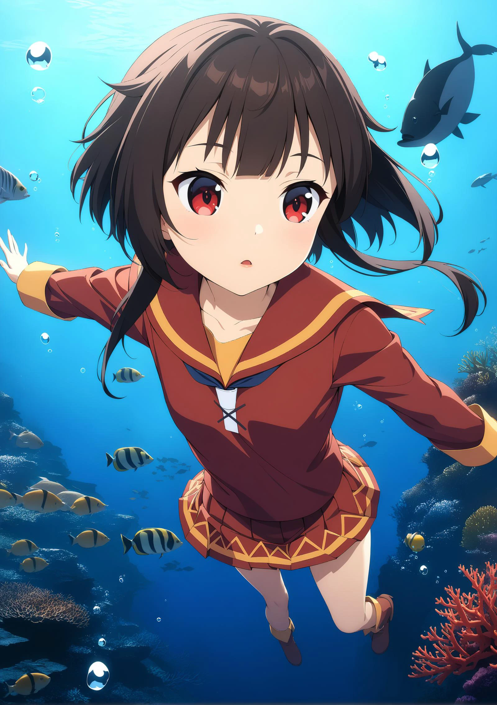 masterpiece, best quality, very aesthetic, ultra detailed, intricate details, 4k, anime style, (blue filter:1.3),
1girl, solo, short hair, brown hair, black hair, red eyes, megumin, kono subarashii sekai ni shukufuku wo!, small breasts, flat chest, parted lips, lipstick, school uniform, serafuku, seifuku, pleated skirt, sailor collar, red sailor collar, bowtie, red skirt, boots,
looking at another, full body, spread arms, outstretched arms, swimningai, underwater, air bubble, bubble, swimming, freediving, sand, coral, coral reef, fish, bottom sand, <lora:Swimming_XL:1>,