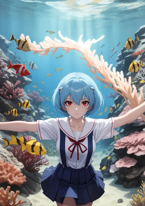 masterpiece, best quality, very aesthetic, ultra detailed, intricate details, 4k, anime style,
1girl, solo, blue hair, short hair, bangs, red eyes, eyelashes, breasts, small breasts, hair between eyes, expressionless, skirt, shirt, ribbon, school uniform, collarbone, white shirt, short sleeves, sailor collar, red ribbon, blue skirt, neck ribbon, suspenders, suspender skirt, pinafore dress, tokyo-3 middle school uniform, neon genesis evangelion, ayanami rei,
upper body, looking at viewer, spread arms, outstretched arms, swimningai, hair wagging, underwater, air bubble, bubble, swimming, freediving, sand, coral, coral reef, fish, bottom sand, <lora:Swimning:1>