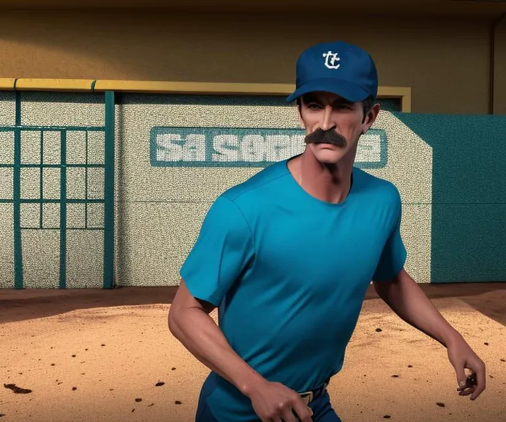 score_9, score_8_up, score_7_up,rating_safe,raw photo,cinematic shot,upper body,HenchMann with a moustache wearing a baseball cap and a blue shirt and walking in the words, <lora:HenchMann15:0.9>