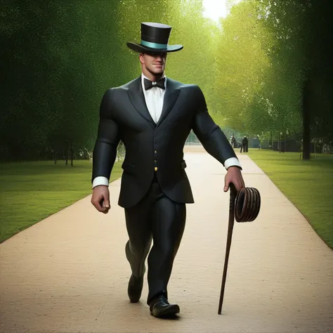 score_9, score_8_up, score_7_up, score_6_up, score_5_up, score_4_up, rating_safe,tpdne, full body,a man wearing a tuxedo and a tophat and walking in the park while holding a cane, <lora:ThisPersonDoesNotExistPony:1>