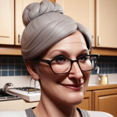 score_9, score_8_up, score_7_up, score_6_up, score_5_up, score_4_up, rating_safe,tpdne,cropped,portrait,1girl,solo,grey hair,mature female,glasses,hair bun,indoors,kitchen,smile, <lora:ThisPersonDoesNotExistPony:1>