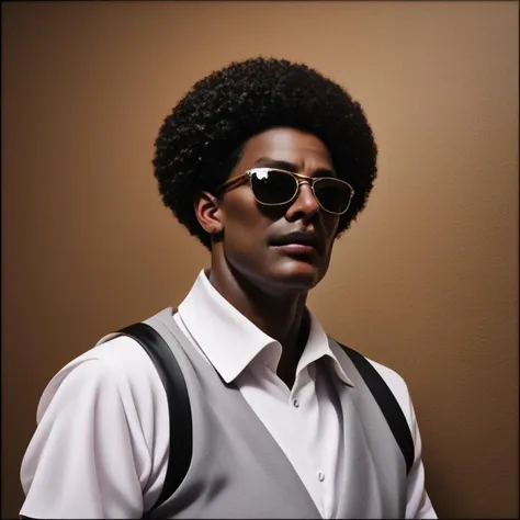 score_9, score_8_up, score_7_up, score_6_up, score_5_up, score_4_up, rating_safe,tpdne,photorealistic,realistic, hyperdetailed photography, soft light, portrait of a dark-skinned man with a purple afro wearing sunglasses and a white vest in a concert hall,1boy,male focus,stage,indoors, <lora:ThisPersonDoesNotExistPony:1> a