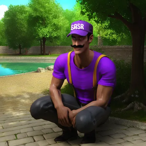 score_9, score_8_up, score_7_up,rating_safe,source_3d,full body,Waluigi HenchMann,moustache,purple cap,purple shirt,yellow suspenders,smug,outdoors,park,lake,<lora:HenchMannPony-000004:0.8>