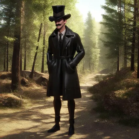 score_9, score_8_up, score_7_up,rating_safe,source_3d,photorealistic,detailed,film grain,full body,HenchMann,moustache,top hat,trench coat,raised eyebrow,smug,outdoors,forest,<lora:HenchMannPony-000004:0.8>