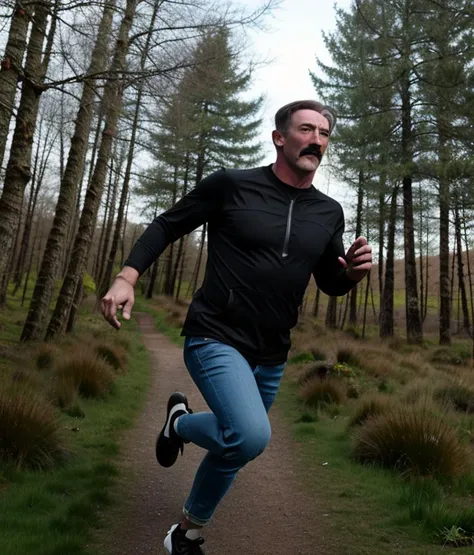 score_9, score_8_up, score_7_up,rating_safe,raw photo,cinematic shot,full body,HenchMann with a moustache running through the woods, <lora:HenchMann15:0.9>