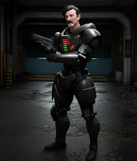 score_9, score_8_up, score_7_up,rating_safe,raw photo,cinematic shot,full body,HenchMann with a moustache wearing power armor and holding a gun in a cyberpunk city, <lora:HenchMann15:0.9>