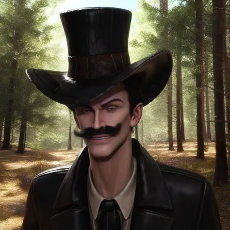 score_9, score_8_up, score_7_up,rating_safe,source_3d,photorealistic,detailed,film grain,full body,HenchMann,moustache,top hat,trench coat,raised eyebrow,smug,outdoors,forest,cropped,upper body,<lora:HenchMannPony-000004:0.8>