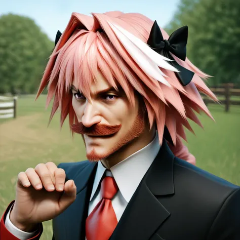 score_9, score_8_up, score_7_up, score_6_up, score_5_up, score_4_up, rating_safe,tpdne,cropped,upper body,1boy,solo,astolfo \(fate\),pink hair,smug,chiseled jawline,red moustache,tuxedo, red beard,rubbing hands,outdoors,farm, <lora:ThisPersonDoesNotExistPony:1>